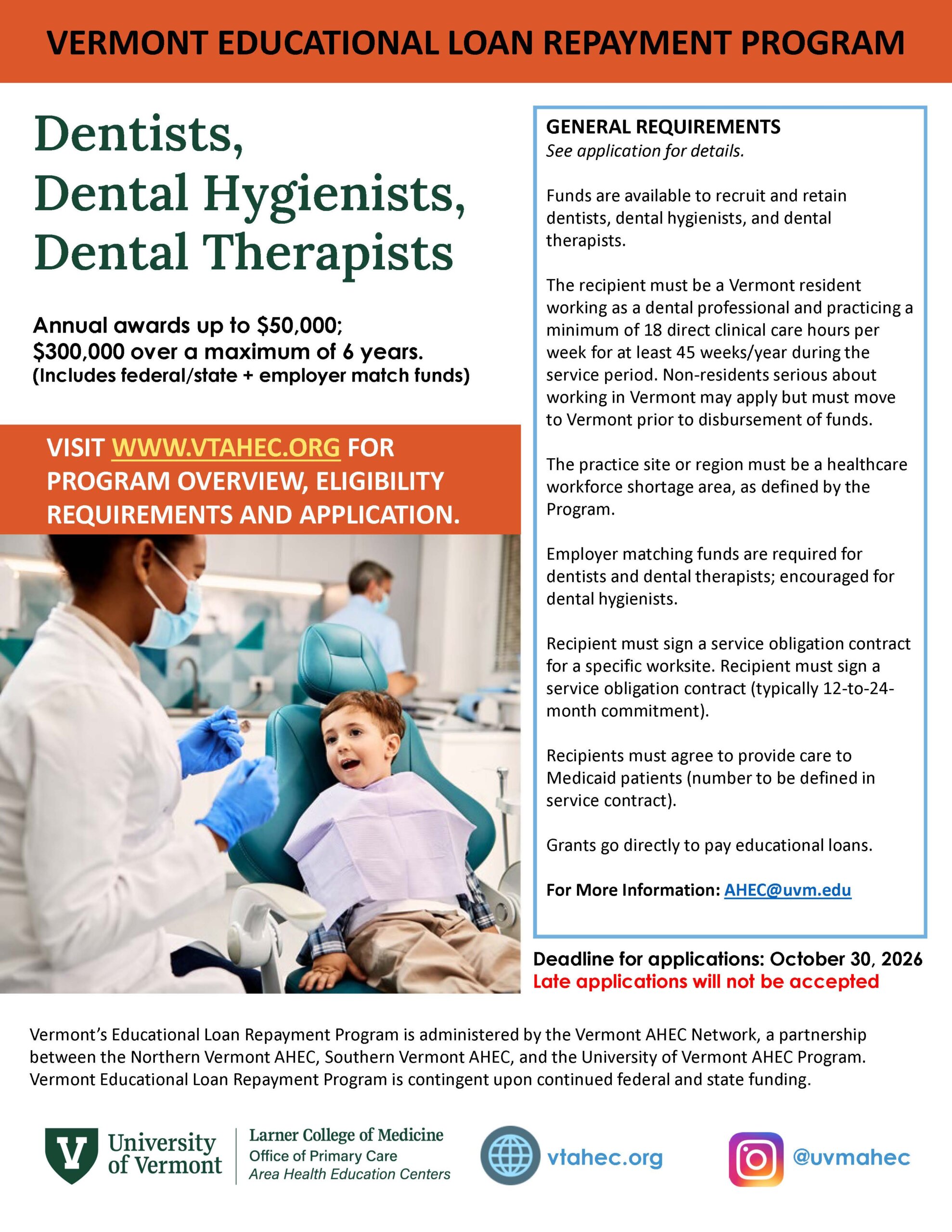 Vermont Educational Loan Repayment Program for dental professionals
